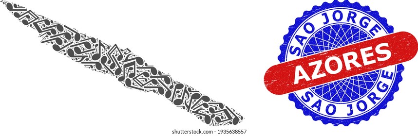 Melody Notes Mosaic for Sao Jorge Island Map and Bicolor Grunge Stamp