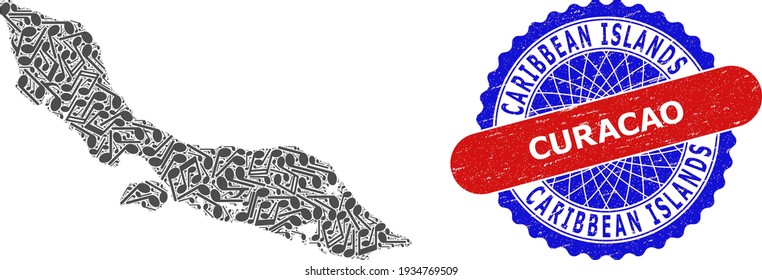 Melody Notes Pattern for Curacao Island Map and Bicolor Grunge Rubber Stamp