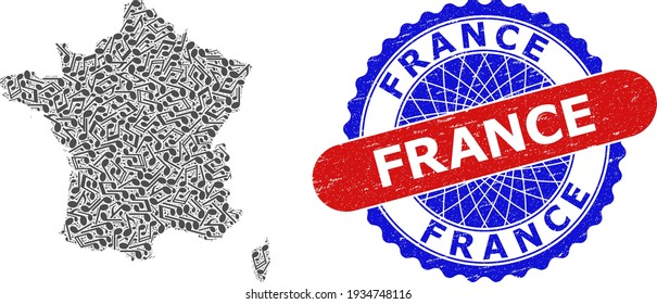 Melody Notes Pattern for France Map and Bicolor Grunge Stamp