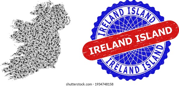 Patrón de notas melódicas para el mapa de las islas de Irlanda y el sello de tipo grunge Bicolor