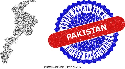 Melody Notes Pattern for Khyber Pakhtunkhwa Province Map and Bicolor Distress Rubber Stamp