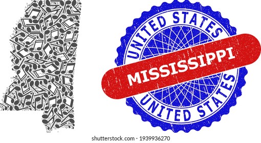 Patrón de notas de melodía para el mapa de estado de Mississippi y sello de sello de sello grunge de color