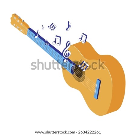 Melody playing classical six string musical guitar. Musical notes fly off the guitar strings. Flamenco guitarist musical instrument. 3D vector concept isolated on white background