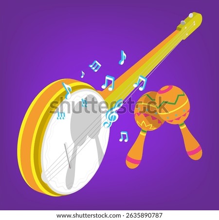 Melody playing on string bungee and maracas. Musical notes fly off bungee strings. Flamenco guitarist musical instrument. 3D vector concept