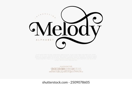 Melody typography beauty fashion elegant minimalist serif italic fonts decorative wedding vintage retro logos. Minimal luxury font alphabet logo. Vector illustration