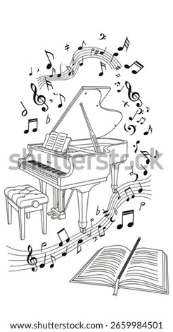 Melody's embrace a symphony of notes and grand piano keys evoking artistic musical expression and performance