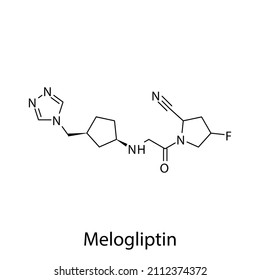 Melogliptin molecular structure, flat skeletal chemical formula. DPP4 inhibitor drug used to treat Diabetes type 2. Vector illustration.