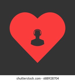 Meloman icon flat. Simple pictogram on heart background. Vector illustration symbol