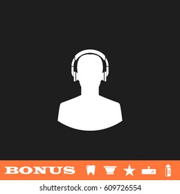 Meloman icon flat. White pictogram on black background. Vector illustration symbol and bonus button tooth, vase, star, mirror, bottle