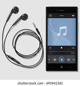 Meloman kit, black phone with modern headphones on white background. Modern phone on the table. A headset connected to the phone. Music phone with player. EPS 10 vector illustration