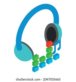 Icono del dispositivo melomano vector isométrico. Auriculares inalámbricos y ecualizador digital. Melodía auditiva, chillout, concepto de relajación, ocio