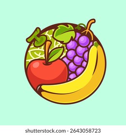Melon, Apple, Banana, Grape Fruit Logo Cartoon Vector Icon Illustration. Fruit Food Icon Concept Isolated Premium Vector. Flat Cartoon Style