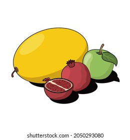 Melón, manzana, granada. Línea de esbozo vectorial 3d isométrica, ilustración de icono de color, estilo plano. Idea de diseño creativo y elementos para infografías y sitios web.