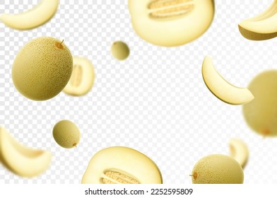 Melon background. Flying whole and sliced melon fruits with blurry effect. Can be used for wallpaper, banner, poster, print, fabric, wrapping paper. Realistic 3d vector illustration