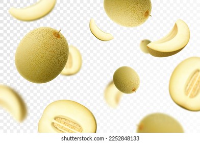 Melon background. Flying whole and sliced melon fruits with blurry effect. Can be used for wallpaper, banner, poster, print, fabric, wrapping paper. Realistic 3d vector illustration