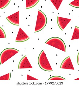 Melon background. Seamless pattern with falling watermelon slices. Healthy vegetarian food. Decoration for gift paper, prints for clothes, textiles, wallpapers