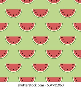 Melon background. Seamless pattern with falling watermelon slice. Healthy vegetarian food. Decoration for gift paper, prints for clothes, textiles, wallpapers