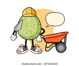 Melon builder with speech bubble cartoon. Mascot Character vector.