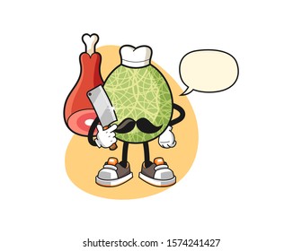 Melon butcher with speech bubble cartoon. Mascot Character vector.