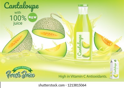 Melon cantaloupe drop on juice splash and ripple, Realistic Fruit and yogurt, transparent, vector illustration