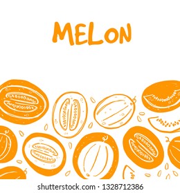 Melon card. Whole, half, sliced, bitten fruits. Ink hand drawn vector illustration. Can be used for cafe, menu, shop, bar, restaurant, poster, sticker, logo, detox diet concept, farmers market