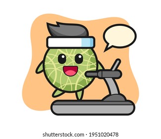 Melon cartoon character walking on the treadmill, cute style design for t shirt, sticker, logo element