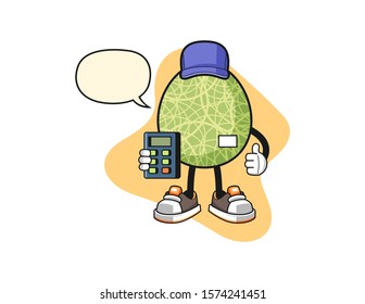 Melon cashier with speech bubble cartoon. Mascot Character vector.