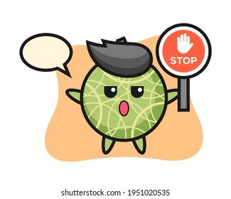 Ilustración de carácter melón sosteniendo una señal de parada, diseño de estilo lindo para camiseta, pegatina, elemento logotipo