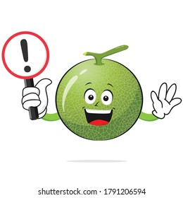 Melon character smiles with a warning sign on a white background -vector