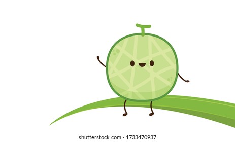 Melon character vector. melon on white background. symbol. logo design. Melon mascot on the leaf.