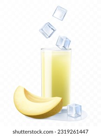 Melon cocktail. Fruit smoothie or yogurt. Summer refreshing drink with ice cubes and melon. Melon juice. Realistic 3D vector illustration