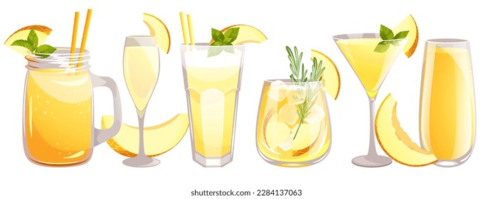 Equipo de cócteles melones. Martini, bellini, jugo, suavizado con rodajas de melón, batido. Cócteles refrescantes de verano. Ilustración vectorial.