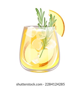 Melon cocktail. Summer, refreshing cocktail, lemonade with melon pieces, rosemary, ice. Vector illustration.