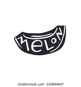Melon. Dark blue, white lettering with vegetables silhouette. Decorative letter. Hand drawn lettering. Quote. Vector hand-painted illustration, inscription. Font poster. Handwritten illustration.