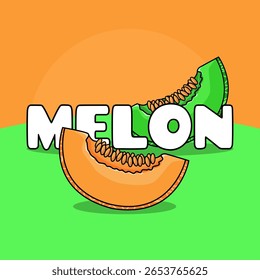 O Dia do Melão é celebrado no segundo domingo de agosto. Fatias de melão verde e amarelo fresco com texto em negrito sobre uma mesa verde sobre um fundo laranja.
