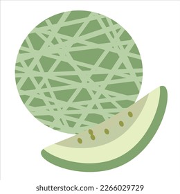 Melon with a flat design, there are two fruits, one is still intact and the other one is open, you can see the flesh and seeds