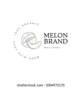 Melon food logo template. Hand drawn illustrations for for restaurant, bar, vegan, healthy and organic food, market, farmers market, cooking school, food truck, delivery service.