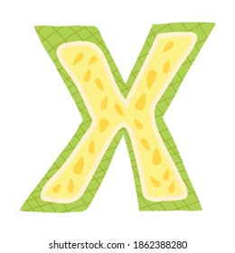 Melon in a form of letter X - fruit lettering design. Vector illustration.