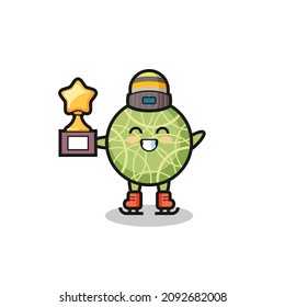 melon fruit cartoon as an ice skating player hold winner trophy , cute style design for t shirt, sticker, logo element