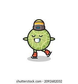 melon fruit cartoon as an ice skating player doing perform , cute style design for t shirt, sticker, logo element