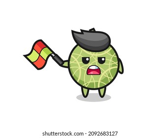 melon fruit cartoon as the line judge hold the flag up at a 45 degree angle , cute style design for t shirt, sticker, logo element