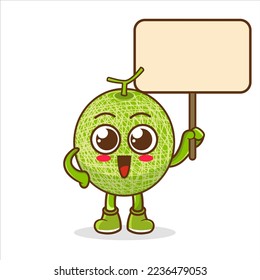Melon Fruit cartoon mascot character holding a board sign message