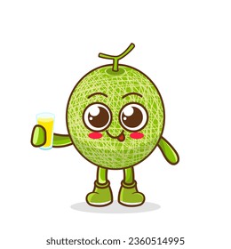 personaje de la mascota de la caricatura de la fruta melón Presentando y sosteniendo un vaso de jugo. Personaje de dibujos animados Cute melon sosteniendo un vaso con jugo.