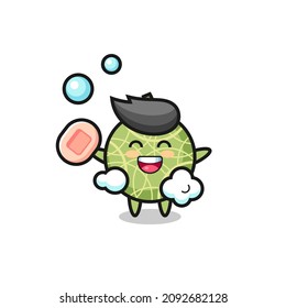 melon fruit character is bathing while holding soap , cute style design for t shirt, sticker, logo element
