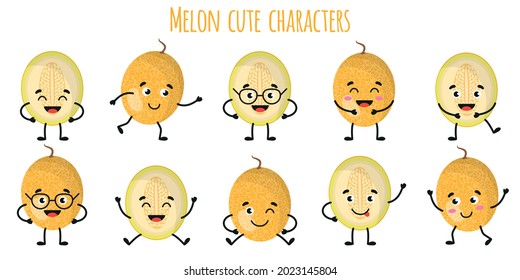 Melon fruit cute funny cheerful characters with different poses and emotions. Natural vitamin antioxidant detox food collection. Vector cartoon isolated illustration. Children concept.