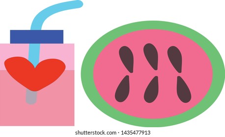 melon and fruit drink in glass with heart. cute vector with beautiful fresh colors