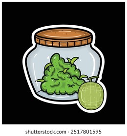 Melon Fruit Flavor With Cartoon Mascot of Weed Bud On Jar. For Sticker and label. Vector and Illustration.