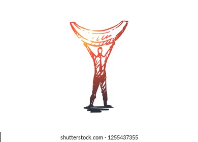 Melon, fruit, food, organic, slice concept. Hand drawn man with slice of melon concept sketch. Isolated vector illustration.