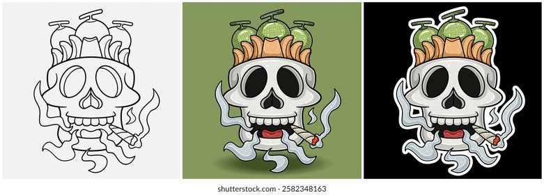 Melon Fruit Inside Skull Head With Smoking Character Cartoon. Black White, Colorful and Sticker Style. For T shirt print, Brand Logo, Label and Mascot product. Vectors Illustrations