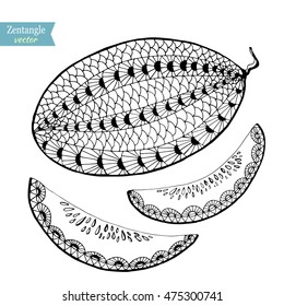 Melon fruit,  pencil drawn zentangle style. Vector, lacy pattern, coloring page for adults, art therapy, Zen art.